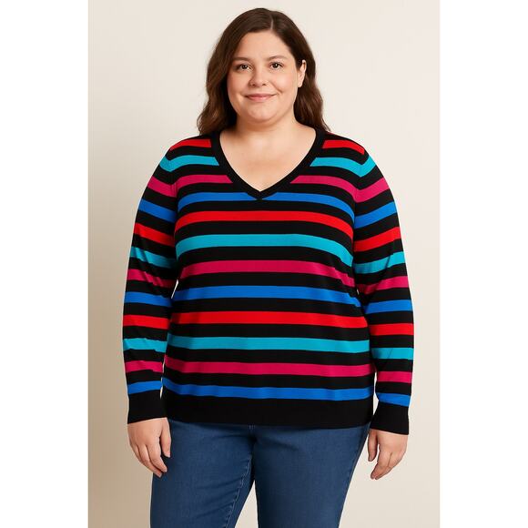 Worthington Woman XL Bold Multicolor Stripe V-Neck Sweater - Picture 1 of 5